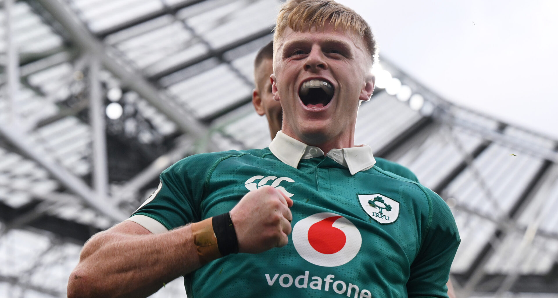 Tommy O’Brien of Ireland celebrates scoring a try during the November Autumn International against Japan.