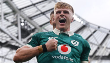 Tommy O’Brien of Ireland celebrates scoring a try during the November Autumn International against Japan.