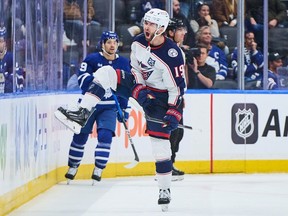 Columbus Blue Jackets' Adam Fantilli celebrates his game-winning goal against the Toronto Maple Leafs.