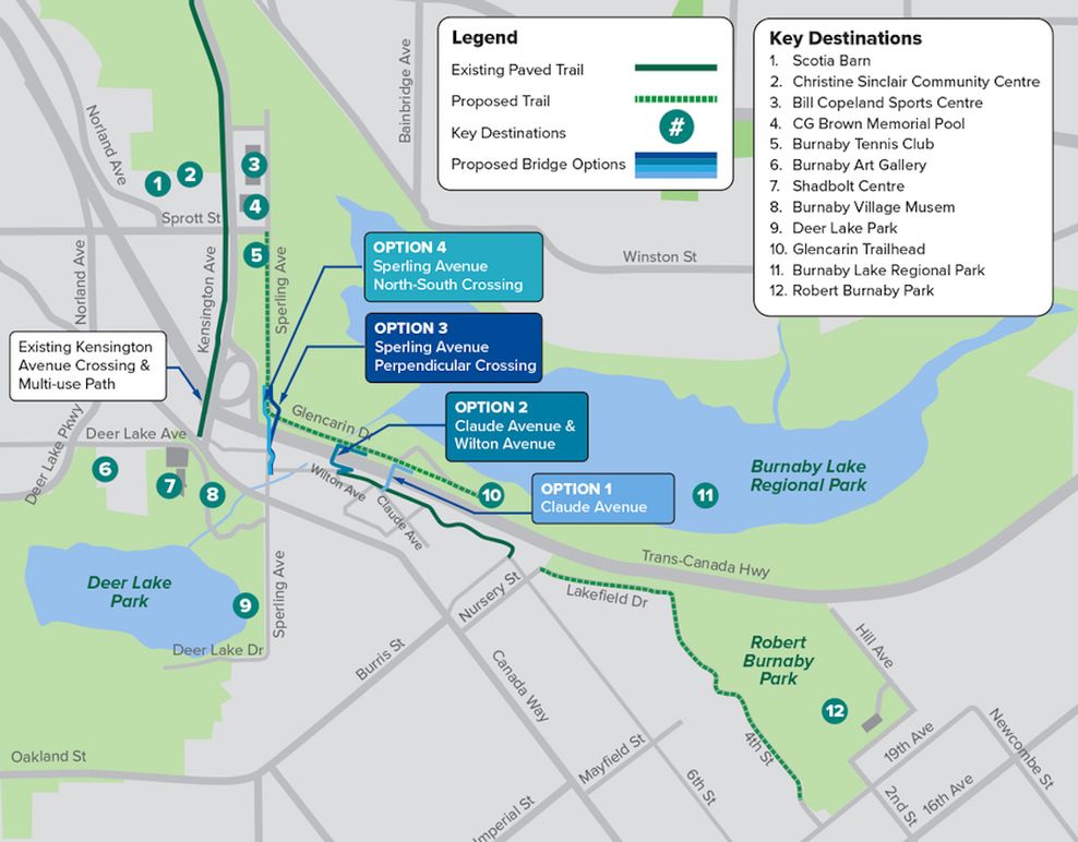Highway 1 Pedestrian Cyclist Overpass Burnaby Lake Options Map