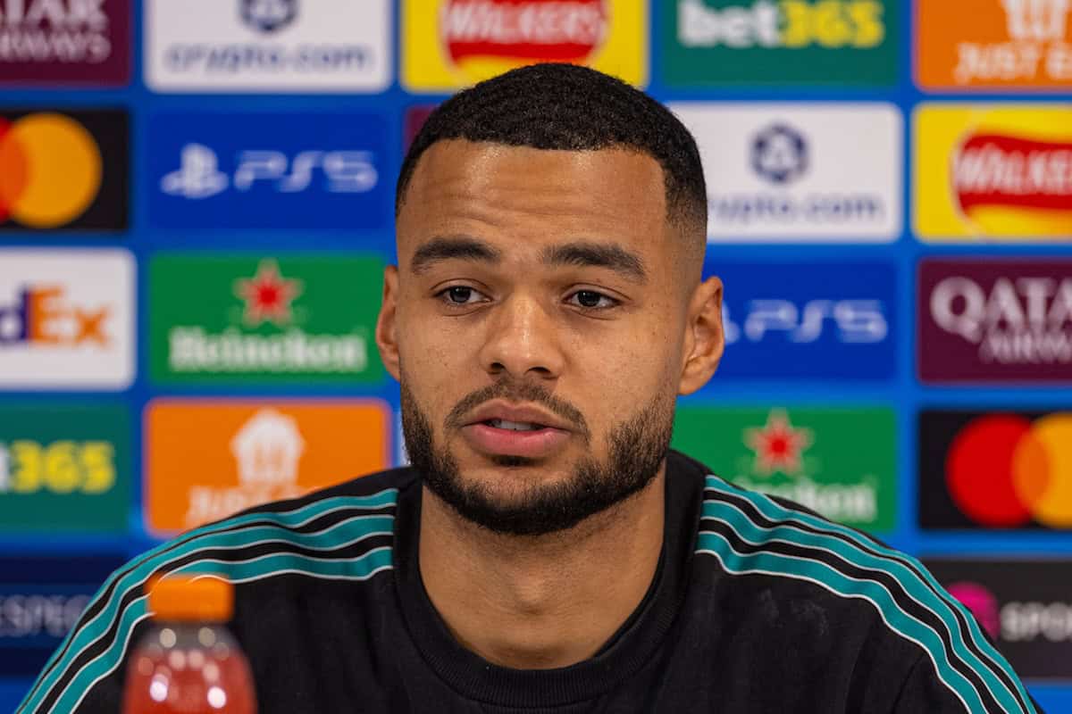 LIVERPOOL, ENGLAND - Tuesday, November 25, 2025: Liverpool's Cody Gakpo during a press conference at Anfield ahead of the UEFA Champions League match between Liverpool FC and PSV Eindhoven. (Photo by David Rawcliffe/Propaganda)