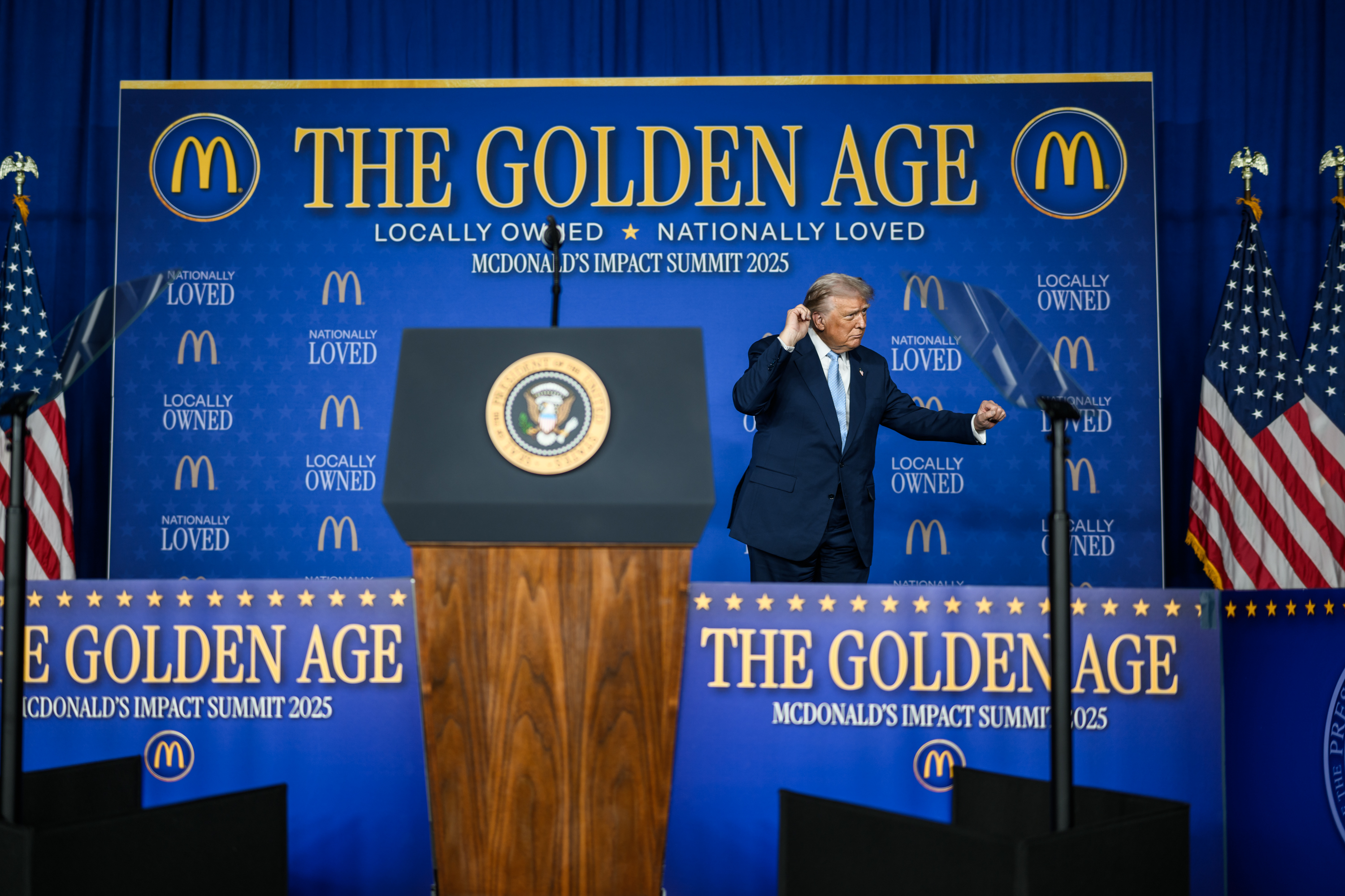 President Donald Trump gestures to the crowd after delivering remarks at the McDonald’s Impact Summit, Monday, November 17, 2025, at the Westin D.C. in Washington, D.C. (Official White House Photo by Daniel Torok)