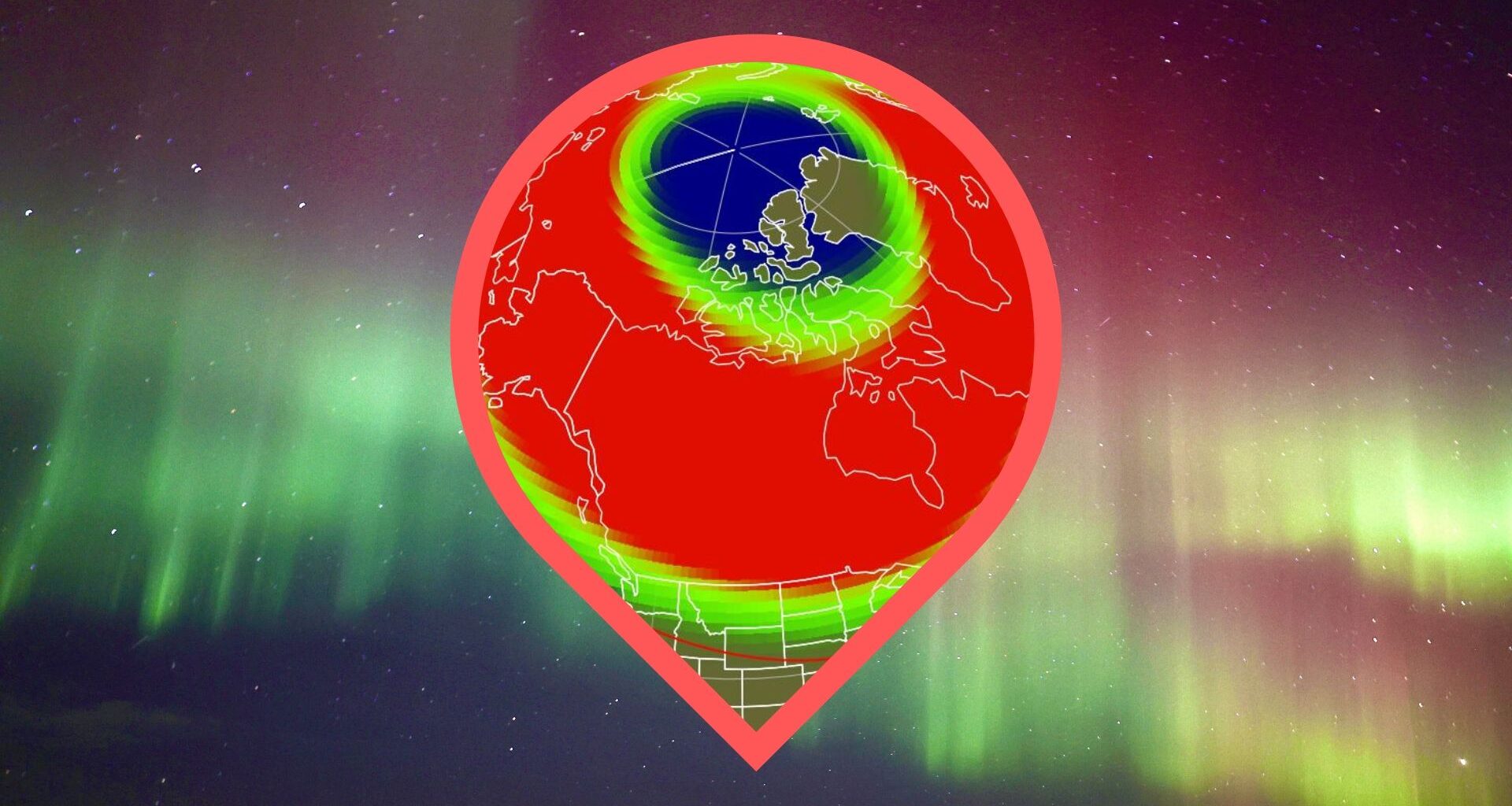 graphic showing the map of the US and where auroras could be visible tonight, in the background is a vibrant aurora display with curtains of green and magenta filling the sky.