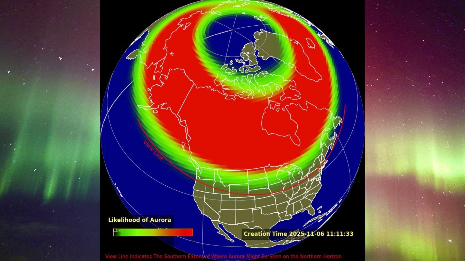 graphic showing the map of the US and where auroras could be visible tonight, in the background is a vibrant aurora display with curtains of green and magenta filling the sky.