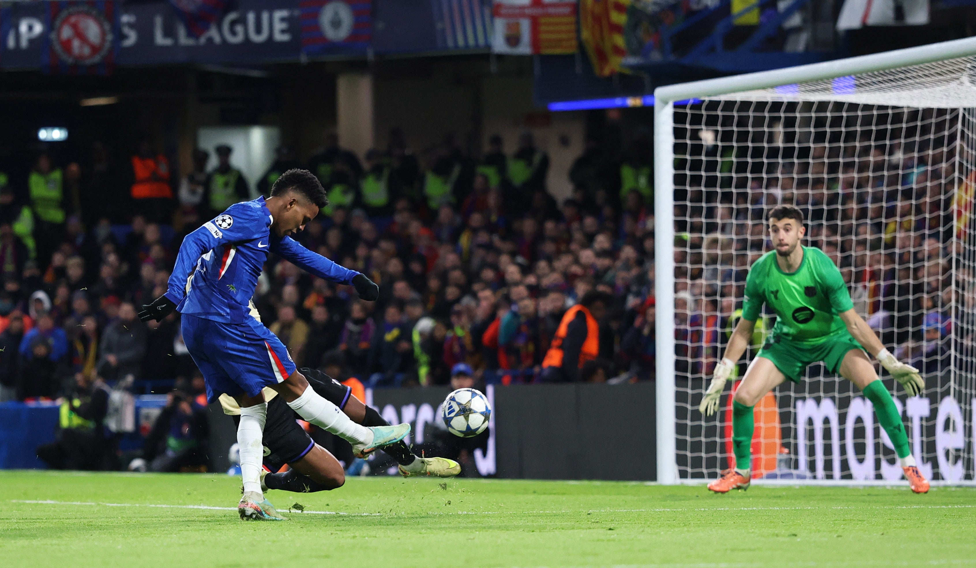 Estevao fires a finish past Joan Garcia in the Barcelona goal