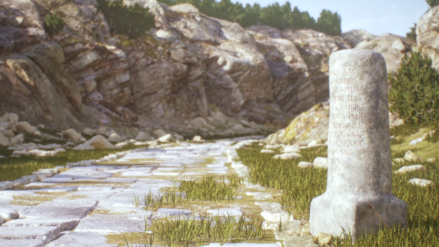 a drawing of a column along a stone path through a mountain