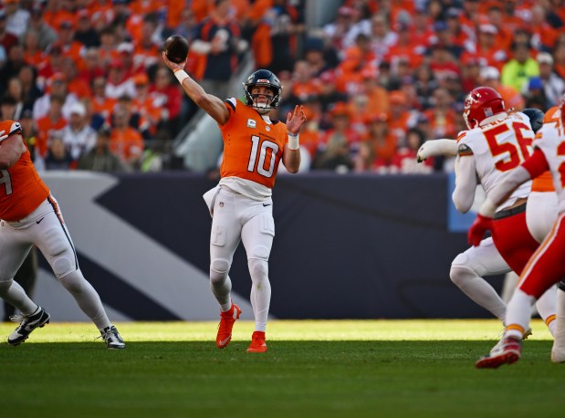 Bo Nix (10) of the Denver Broncos pass downfield at Empower Field at Mile High on Nov. 16, 2025. The Denver Broncos took on the Kansas City Chiefs during week 11 of the 2025-26 NFL season. (Photo by RJ Sangosti/The Denver Post)