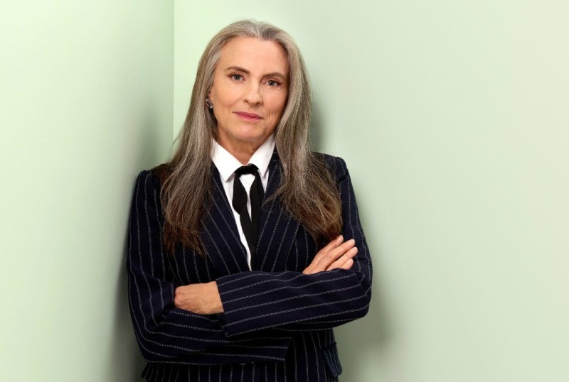 Professional woman with long grey hair, wearing a pinstripe suit and white shirt, stands confidently with arms crossed against a light green wall. Ideal for business or leadership contexts.