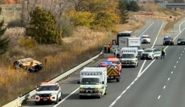 Driver dies after school bus rollover on Highway 401 near London, Ont. - CTV News