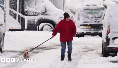 heavy snow that covers all cars and the road. The man is wearing a red coat and black hat and is on the snow-covered road with the dog on a leash
