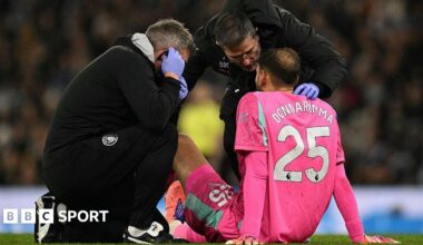Manchester City goalkeeper Gianluigi Donnarumma receives treatment during the game against Leeds United
