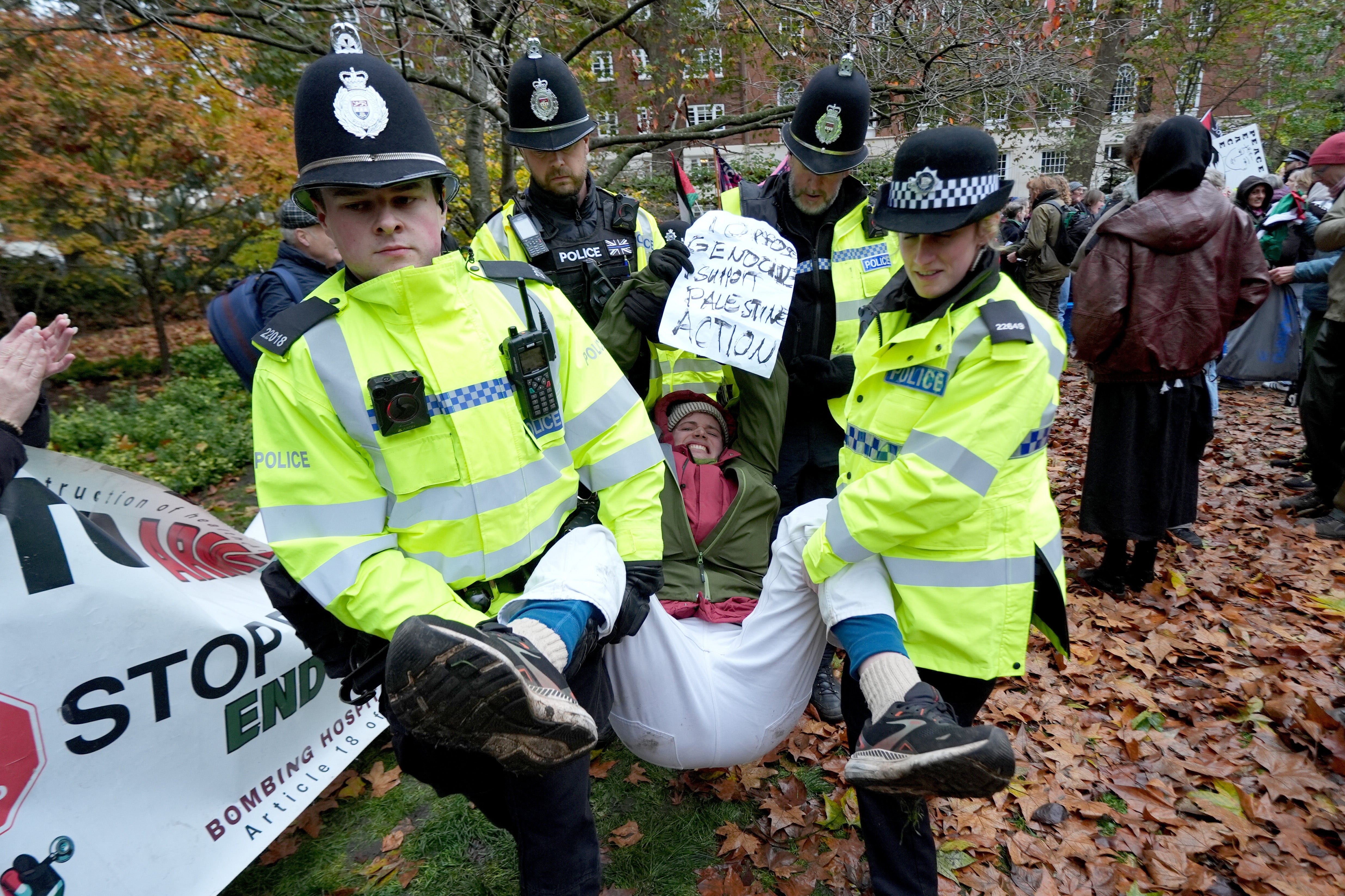 Police remove people from the Defend Our Juries protest in support of Palestine Action at The Peace Garden, Tavistock Square, central London