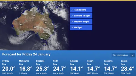Bureau of Meteorology Landing page of the old Bureau of Meteorology site showing a weather radar over Australia and the forecast for all capital cities