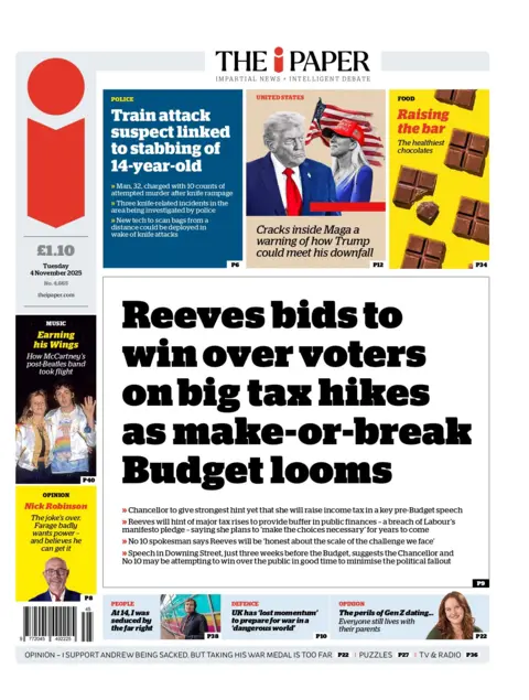 "Reeves bids to win over voters on big tax hikes as make-or-break Budget looms," reads the headline on the front page of the i Paper 