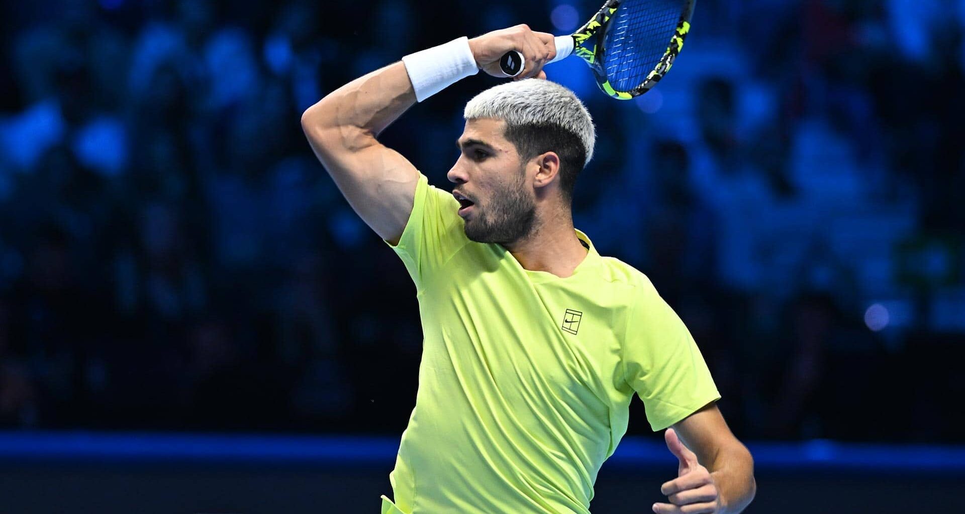 Carlos Alcaraz in action on Sunday in Turin.