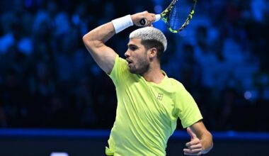 Carlos Alcaraz in action on Sunday in Turin.