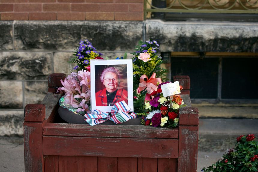 A tribute to the late Marion County Record co-owner Joan Meyer sits outside the newspaper's office on August 14, 2023, in Marion, Kansas.