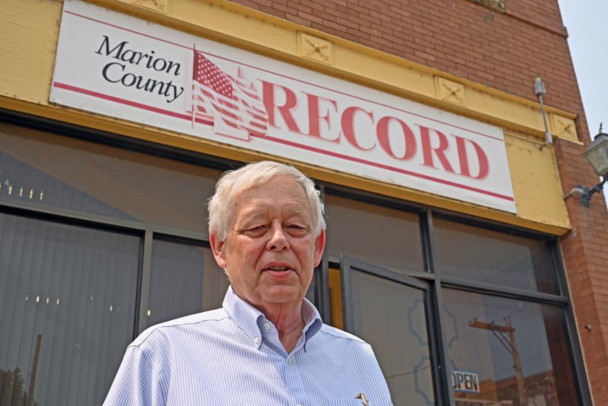 Eric Meyer, publisher of the Marion County Record Newspaper, stands outside the newspaper office on August 17, 2023.