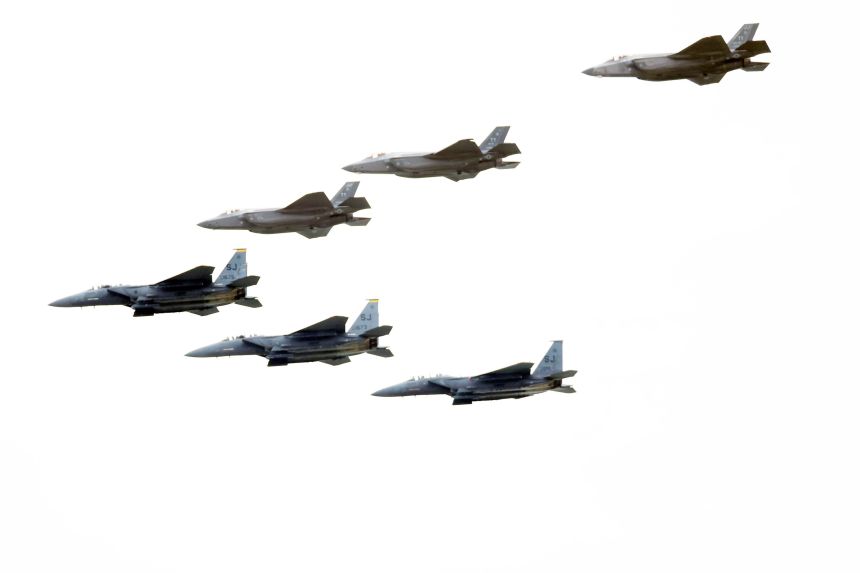 A flyover by F15 and F35 jets welcomes Saudi Arabia's Crown Prince Mohammed bin Salman to the White House on November 18, 2025.