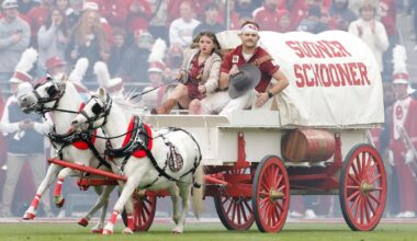 First Native woman drives Oklahoma's iconic Sooner Schooner, a covered wagon mascot