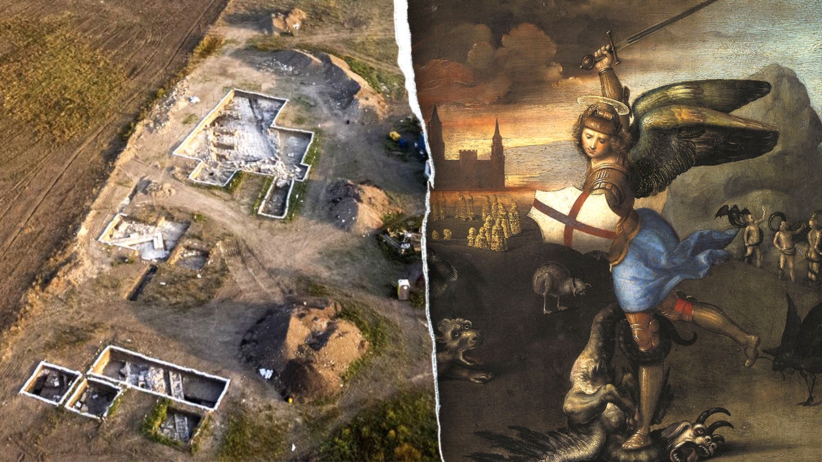 Split image of excavation site aerial, Armageddon painting