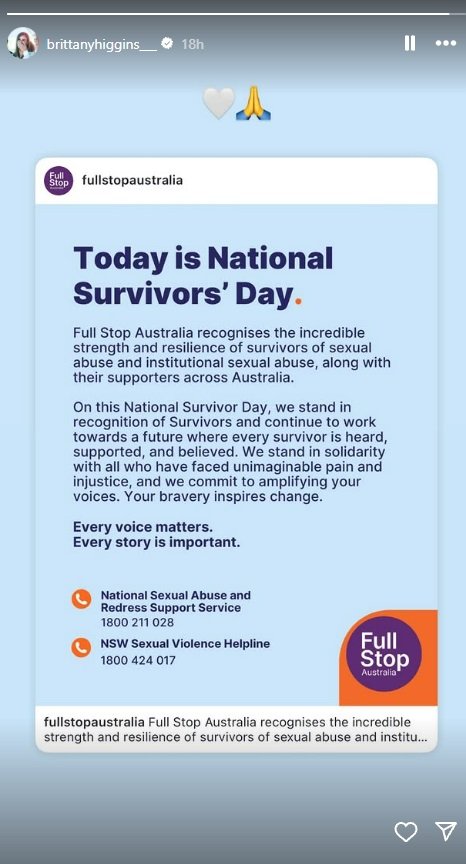 Brittany Higgins social media post on National Survivors Day.