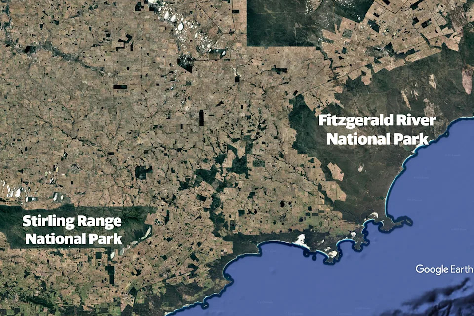 A Google Earth map. We see the Stirling Range and Fitzgerald River National Parks, and the range between them.