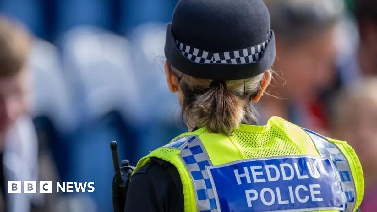 A female police officer wearing a hat and uniform faces away from the camera. Her uniform reads: HEDDLU POLICE