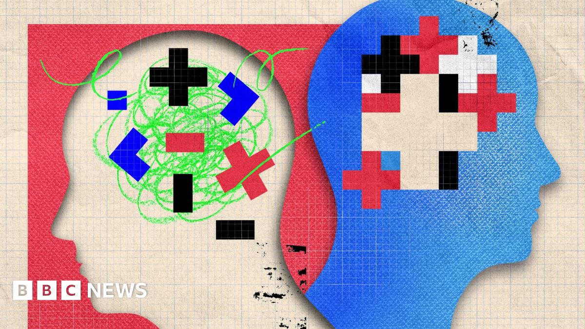 Image showing the outline of two heads facing opposite directions. One blue head has shapes in the brain organised into a pattern. The other white head has the shapes disorganised and disjointed, against a backing of green scribbly lines - an illustration of what ADHD feels like to people who have it.