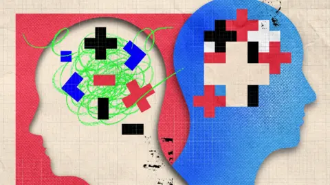 BBC Image showing the outline of two heads facing opposite directions. One blue head has shapes in the brain organised into a pattern. The other white head has the shapes disorganised and disjointed, against a backing of green scribbly lines - an illustration of what ADHD feels like to people who have it. 