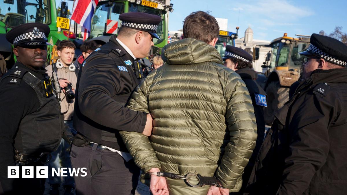 a farmer is seen from behind in handcuffs being walked away by police  in central London