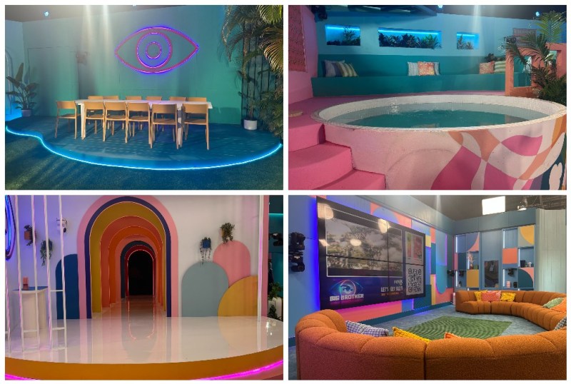 Interior set design of a vibrant television studio featuring a dining area with a large table, a relaxing spa-like pool, colourful archway entrance, and a comfortable lounge space with a large orange sofa. The decor includes modern lighting and playful pastel colours, creating a lively atmosphere for a reality show.