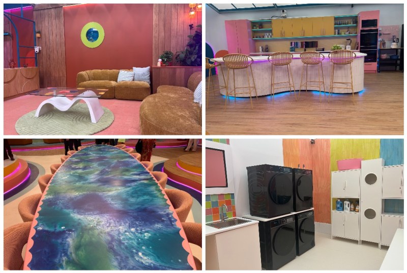 Stylish interior design featuring a vibrant lounge area with curved furniture, a modern kitchen with colourful cabinetry and illuminated bar stools, an artistic dining table with an abstract design, and a laundry space equipped with black appliances and storage solutions.