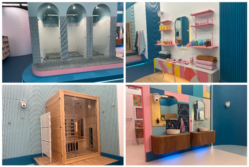 Modern bathroom facilities featuring stylish shower stalls, a sauna, and vibrant vanity areas with various toiletries. The design incorporates colourful accents and contemporary fixtures, creating a welcoming and functional space for relaxation and personal care.