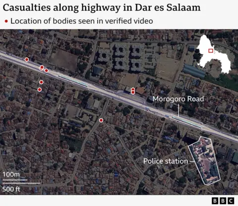 A satellite map of central Dar es Salaam showing the Morogoro Road, marking the position of bodies seen in verified video