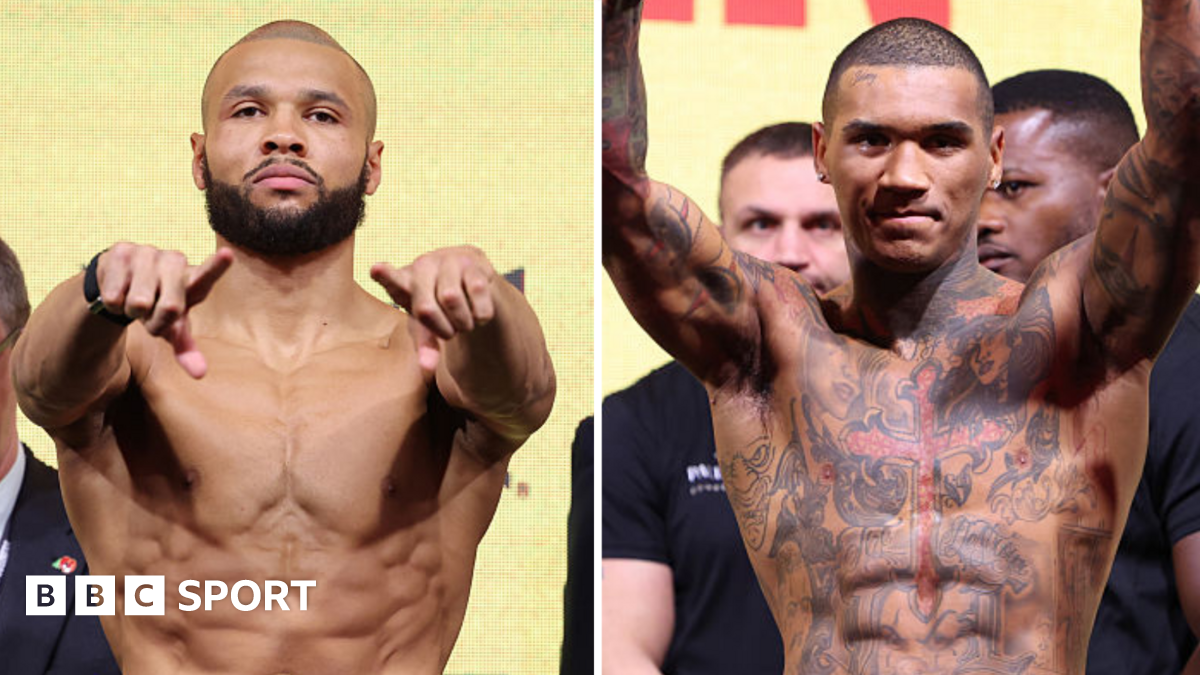 Chris Eubank Jr (left) holds out his arms and points his fingers and Conor Benn (right) holds his arms up in the air