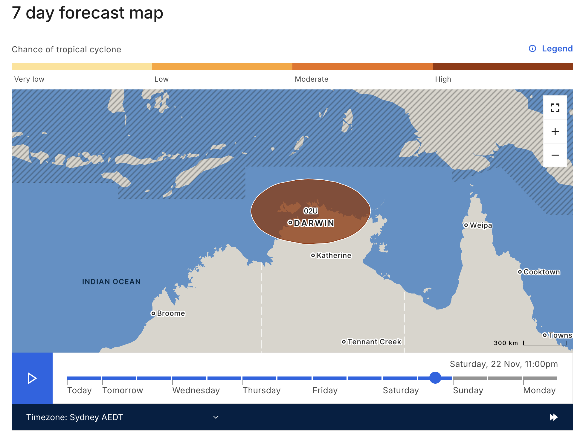 Map showing a ‘high’ risk of a tropical cyclone near the NT’s Top End on Saturday, November 22, 2025. At this stage, the centre of the system is likely to be located somewhere inside the brow-shaded ellipsis at 11pm AEDT on Saturday. Source: Bureau of Meteorology.