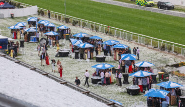 Riccarton is sheeted in hail after an extraordinary storm on New Zealand Cup Day. Photo: Race Images South