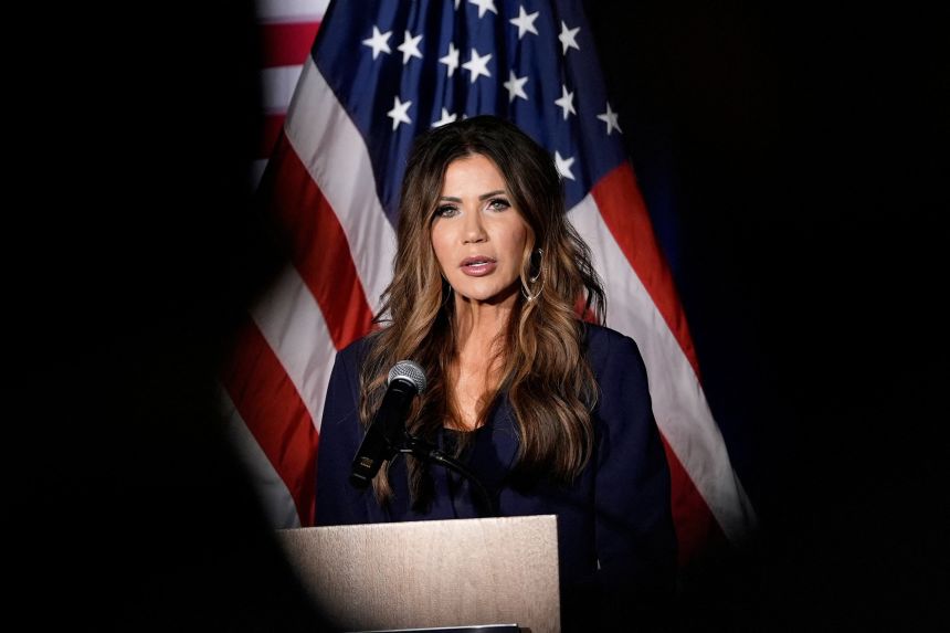 US Homeland Security Secretary Kristi Noem speaks at the Citadel Patriot Dinner at the Citadel, in Charleston, South Carolina, on November 6, 2025.