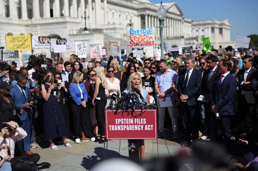 Representative Marjorie Taylor Greene speaks at a press conference at the US Capitol in Washington, DC, on September 3, announcing the Epstein Files Transparency Act, which calls for the release of all unclassified documents in the Jeffrey Epstein case.