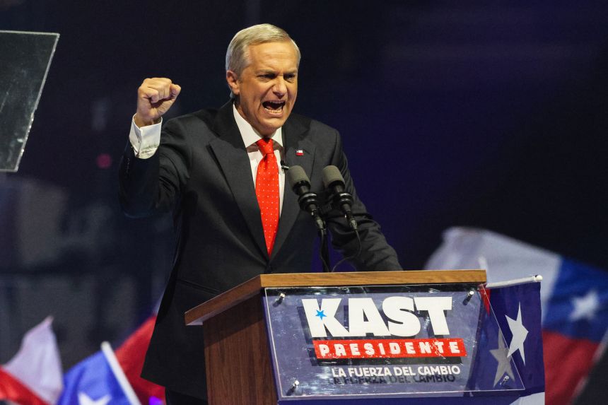 Presidential candidate Jose Antonio Kast delivers a speech during the presidential campaign closing event held at the Movistar Arena on November 11, in Santiago, Chile.
