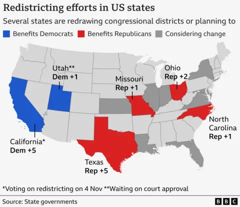 A map of the US shows the states that have passed new maps amid this redistricting battle. It also shows several other states that are mulling changes to their congressional lines. 
