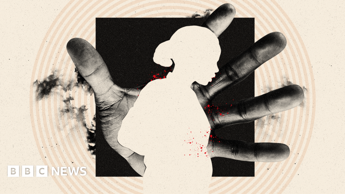 A designed image showing a woman, whose face is in silhouette, dressed in a white scarf which covers her head and shoulders. Beneath her is a winding road and some trees and the smaller image of another woman in similar dress.