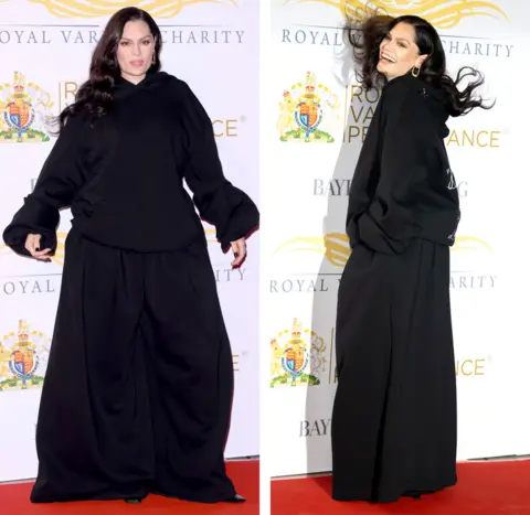 Getty Images A composite image of singer Jessie J on the red carpet at the Royal Variety Performance showing of her black outfit