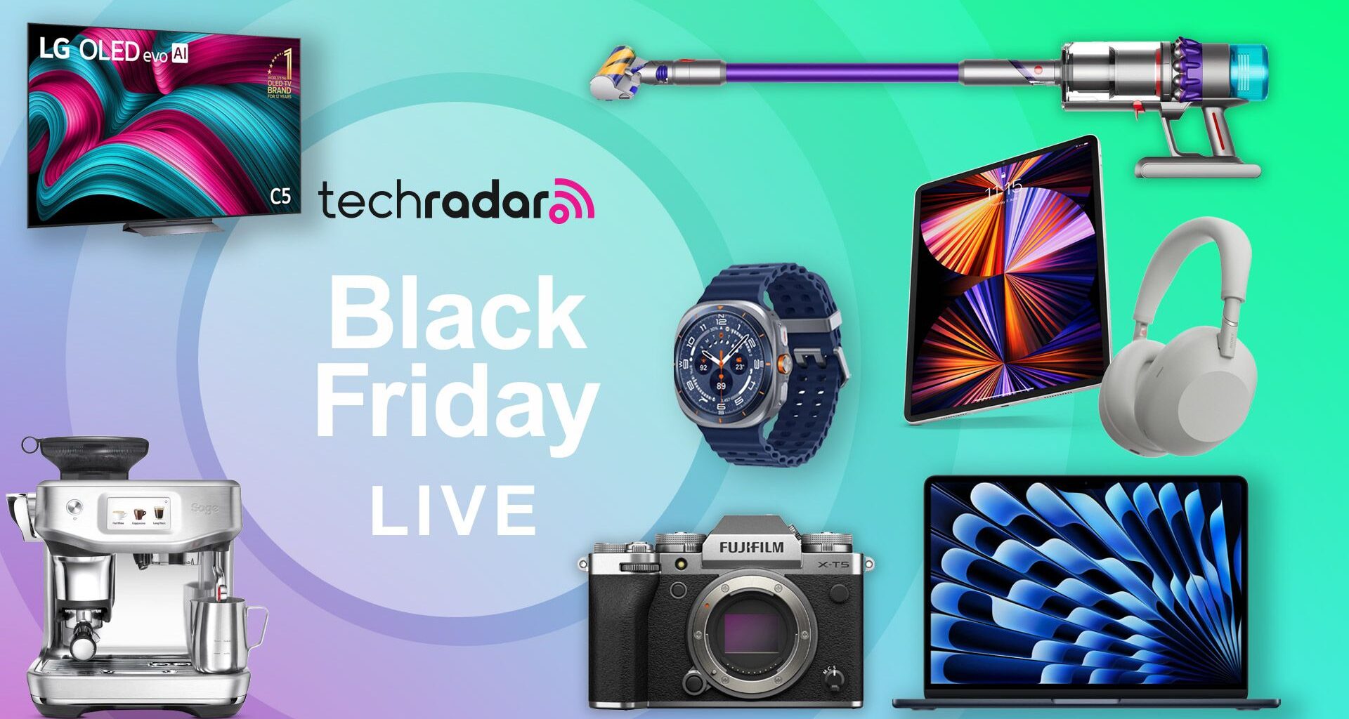 Assortment of tech and appliances on a coloured background with "Black Friday" text.