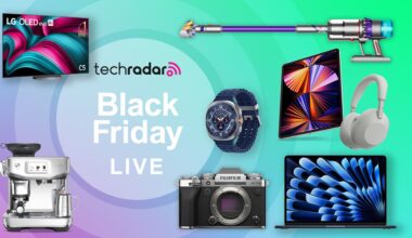 Assortment of tech and appliances on a coloured background with "Black Friday" text.