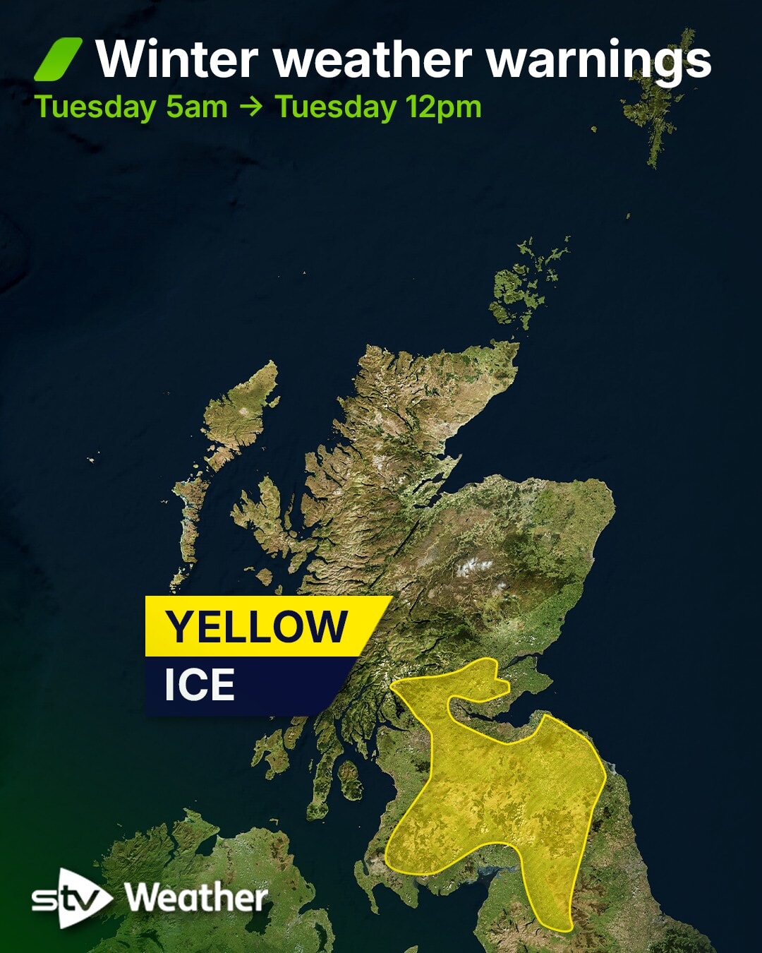 A further ice warning starts from 5am on Tuesday, covering inland areas over the central belt and south of the country.