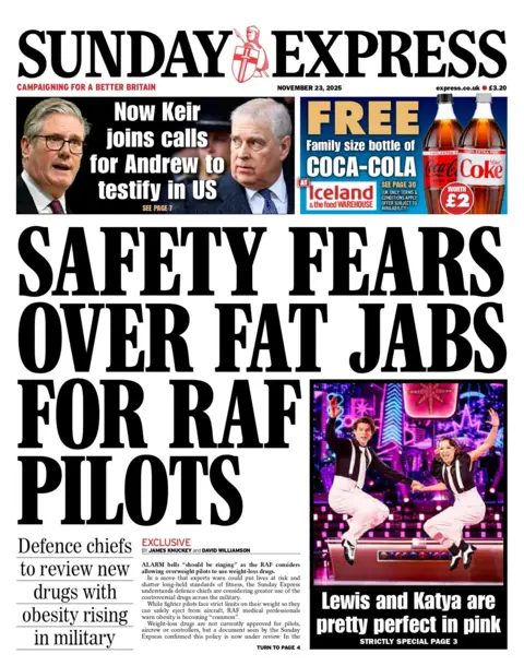 The headline on the front page of the Sunday Express reads: "Safety fears over fat jabs for RAF pilots". 