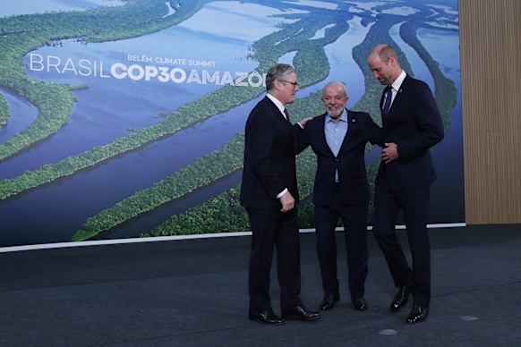 British Prime Minister Keir Starmer, Brazilian President Luiz Inacio Lula da Silva and Prince William in Balem.