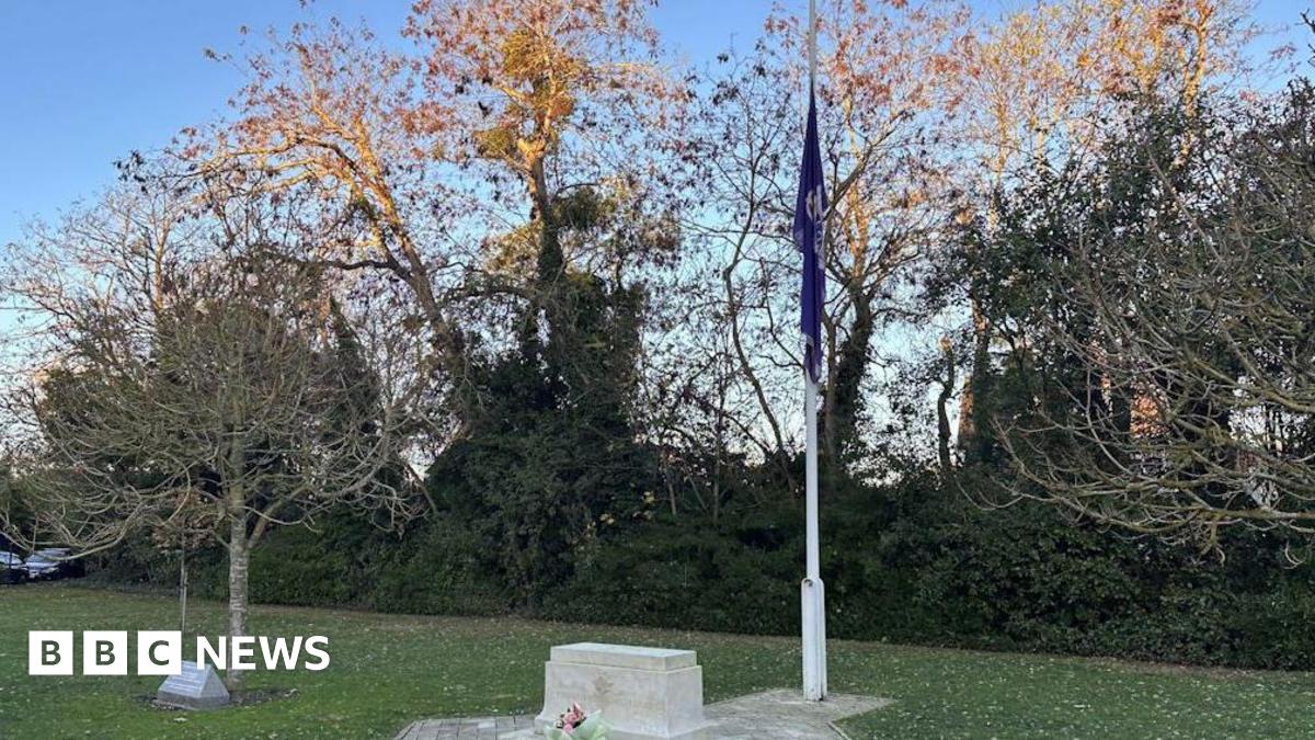 A purple flag at half-mast at a memorial, on a grass lawn, with trees in the background. There is blue sky above.